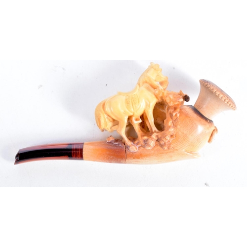 1484 - A CASED MEERSCHAUM PIPE BOWL CARVED WITH TWO HORSES WITH AN AMBER MOUTHPIECE,  9.6 cm x 4.3cm x 2.1c... 