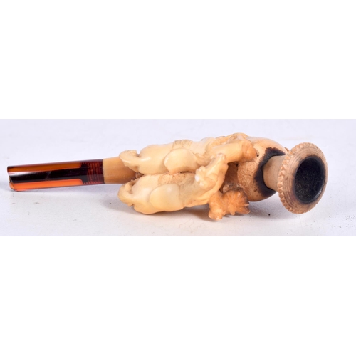 1484 - A CASED MEERSCHAUM PIPE BOWL CARVED WITH TWO HORSES WITH AN AMBER MOUTHPIECE,  9.6 cm x 4.3cm x 2.1c... 