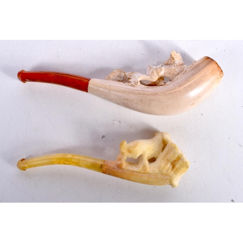 1486 - TWO CASED MEERSCHAUM PIPES, ONE CARVED WITH A PAIR OF HUNTING DOGS THE OTHER WITH A DOG.  Largest 11... 