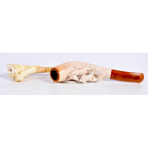 1486 - TWO CASED MEERSCHAUM PIPES, ONE CARVED WITH A PAIR OF HUNTING DOGS THE OTHER WITH A DOG.  Largest 11... 