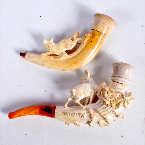 1487 - A CASED MEERSCHAUM PIPE CARVED WITH A STAG ON A ROCKY OUTCROP WITH AMBER MOUTHPIECE TOGETHER WITH AN... 