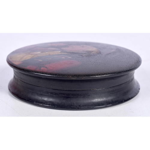 1491 - A CIRCULAR TORTOISESHELL SNUFF BOX AND COVER  DECORATED WITH REAR ADMIRAL THOMAS BAKER.  9cm x 2.3cm