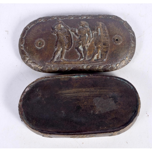 1493 - AN 18TH/19H CENTURY  BRONZE BOX AND COVER DECORATED WITH A CLASSICAL DESIGN.  2.6 cm x 9.8 cm x 5.4c... 