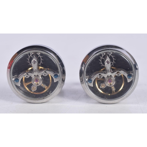 1524 - A CASED PAIR OF JEAN PIERRE TOURBILLON STEEL PLATED CUFFLINKS.  A stunning pair of modern cufflinks,... 