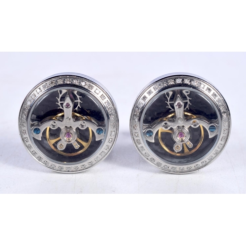 1525 - A CASED PAIR OF JEAN PIERRE TOURBILLON STEEL PLATED CUFFLINKS.  A stunning pair of modern cufflinks,... 