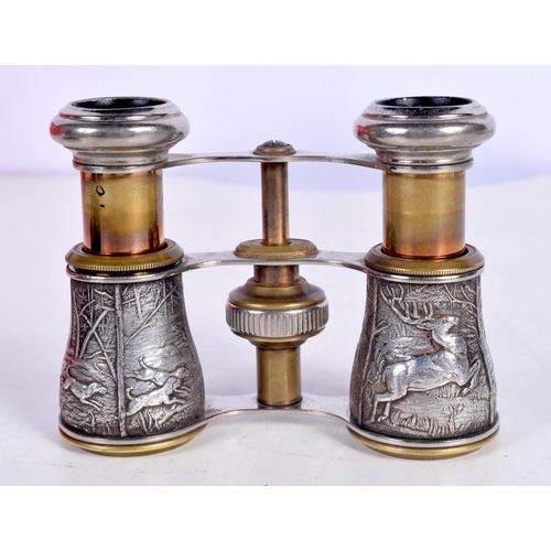 1532 - A CASED PAIR OF VICTORIAN OPERA GLASSES WITH HUNTING SCENES EMBOSSED ON BARRELS.  9.5cm x 5.4cm (clo... 