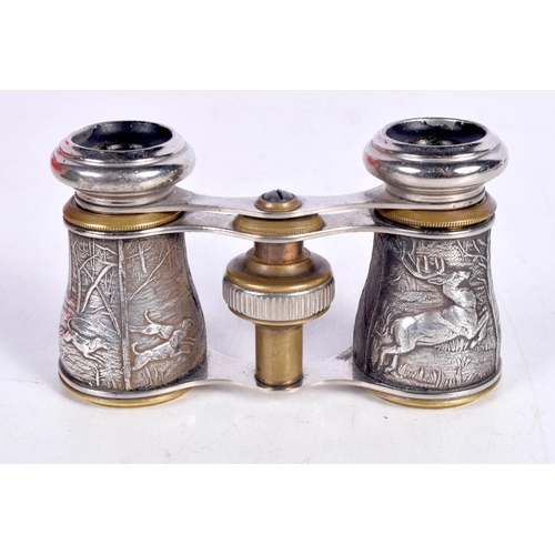 1532 - A CASED PAIR OF VICTORIAN OPERA GLASSES WITH HUNTING SCENES EMBOSSED ON BARRELS.  9.5cm x 5.4cm (clo... 