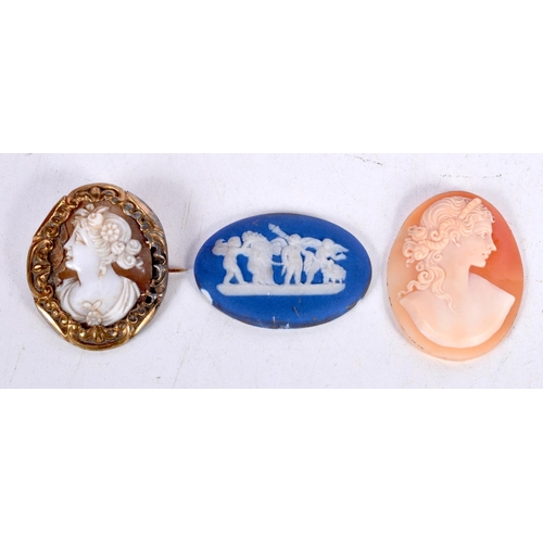 1537 - A VICTORIAN SHELL CAMEO BROOCH TOGETHER WITH A WEDGWOOD CAMEO AND A SHELL CAMEO.  Brooch 3.5cm x 3cm... 