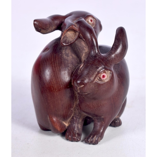 1547 - A JAPANESE NETSUKE CARVED AS 2 RABBITS.  5cm x 4.3cm x 4.3cm, weight 40g