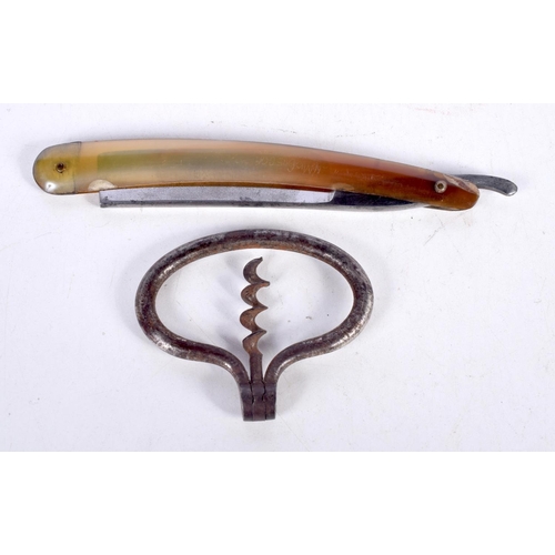 1558 - A CORKSCREW and razor. Largest 25 cm long extended. (2)