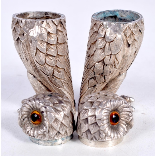 1588 - A PAIR OF SILVER OWL CONDIMENTS. 125 grams. 5.75 cm x 2.75 cm.