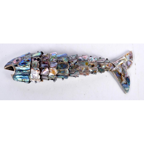 1591 - AN ABALONE SHELL ARTICULATED FISH. 121 grams. 19 cm long.