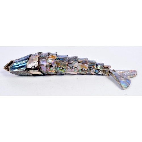 1591 - AN ABALONE SHELL ARTICULATED FISH. 121 grams. 19 cm long.