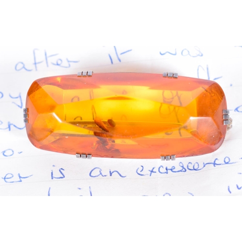 1670 - AN AMBER BROOCH. 12.9 grams. 5.5 cm x 2.5 cm.