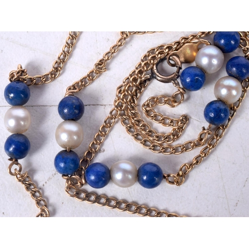 1674 - A 14CT GOLD PEARL AND LAPIS LAZULI NECKLACE. 8.8 grams. 84 cm long.