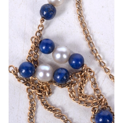 1674 - A 14CT GOLD PEARL AND LAPIS LAZULI NECKLACE. 8.8 grams. 84 cm long.