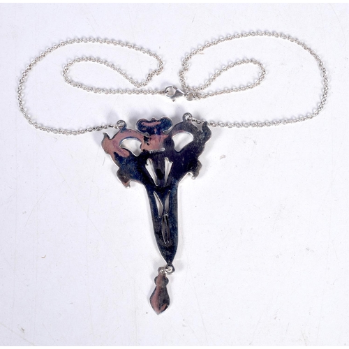 1693 - AN ART NOUVEAU STYLE SILVER AND ENAMEL NECKLACE. 15.3 grams. Chain 44 cm long, pendant 7.5 cm x 4 cm... 