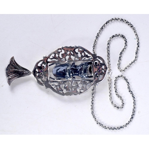 1703 - A SILVER SCARAB NECKLACE. 50 grams. Necklace 45cm long, pendant 10 cm x 4.5 cm.