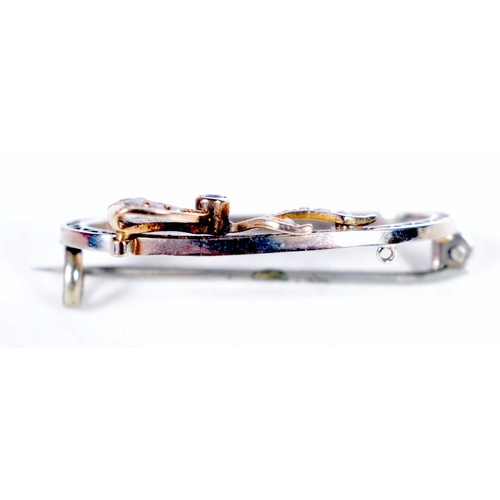 1719 - A WHITE GOLD SAPPHIRE AND PEARL BROOCH. 2.8 grams. 1.75 cm x 3 cm.