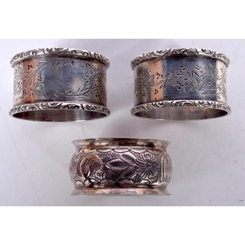 1720 - THREE ANTIQUE SILVER NAPKIN RINGS. 57 grams. 4.5 cm diameter. (3)