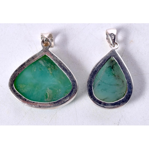 1722 - TWO GREEN STONE SILVER PENDANTS. 15.7 grams. 3.5 cm x 3 cm. (2)