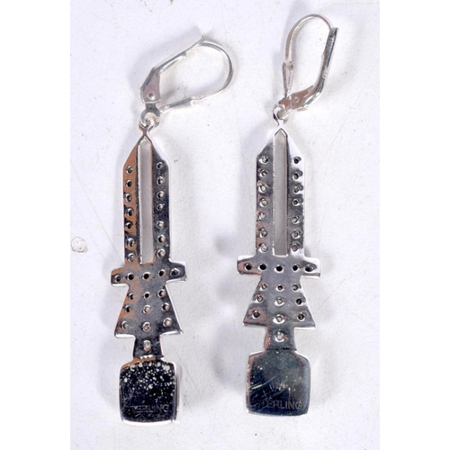 1733 - A PAIR OF SILVER AND JADE EARRINGS. 8.5 grams. 6 cm x 1 cm.