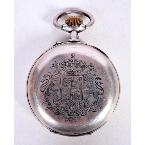 1747 - A CONTINENTAL SILVER ARMORIAL POCKET WATCH. 138 grams overall. 6.25 cm wide.