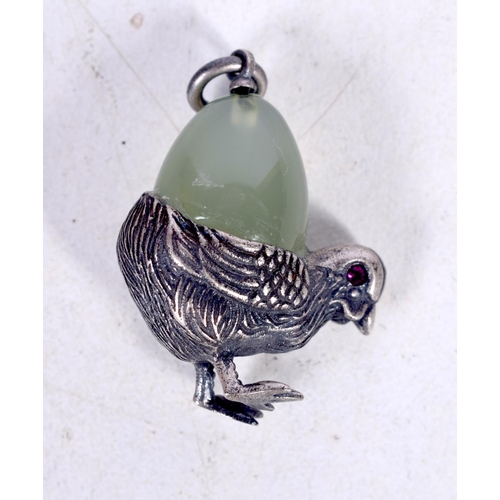 1750 - A RUSSIAN SILVER AND JADE EGG PENDANT. 7 grams. 2.75 cm x 2 cm.