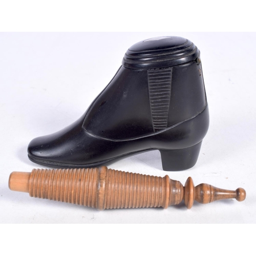 1751 - AN ANTIQUE MATCH STRIKING BOOT VESTA and a bobbin turned holder. 8 cm wide. (2)