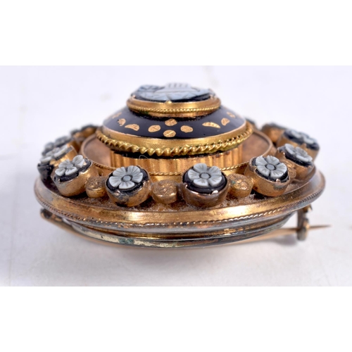 1757 - A 15CT GOLD VICTORIAN ENAMEL MOURNING BROOCH. 20.8 grams. 4.25 cm x 3.5 cm.