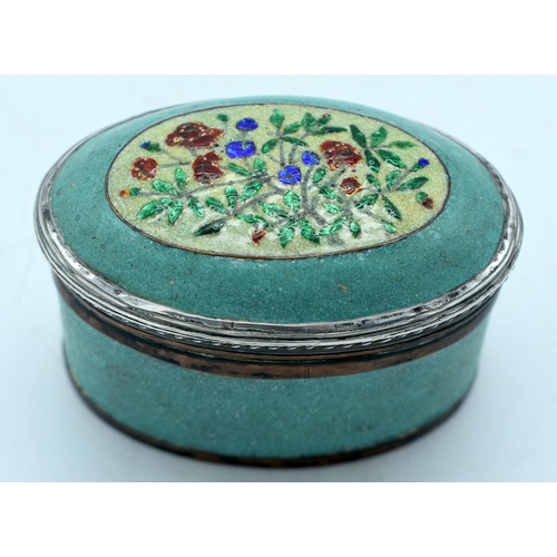 1765 - A 19TH CENTURY INDIAN WHITE METAL AND ENAMEL BOX. 185 grams. 8 cm x 6 cm.