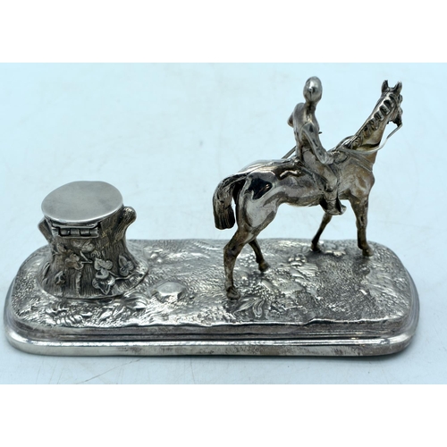 1785 - A CHARMING LATE VICTORIAN/EDWARDIAN SILVER PLATED EQUESTRIAN INKWELL. 761 grams. 18cm x 12 cm.