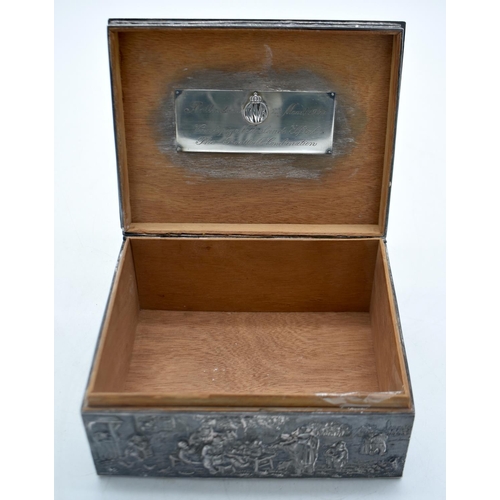 1787 - AN ANTIQUE DUTCH SILVER REPOUSSE CIGARETTE BOX. 1078 grams overall. 18cm x 14cm.