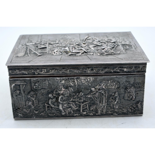 1787 - AN ANTIQUE DUTCH SILVER REPOUSSE CIGARETTE BOX. 1078 grams overall. 18cm x 14cm.