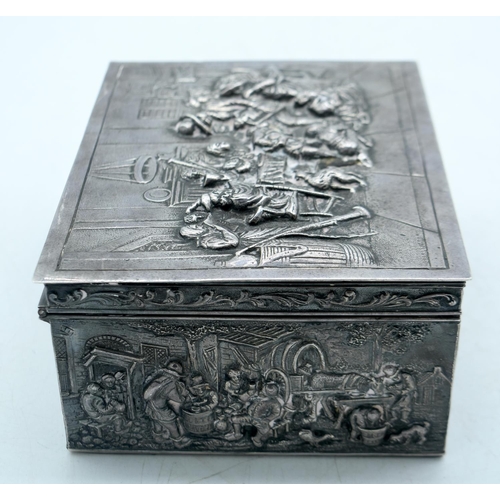 1787 - AN ANTIQUE DUTCH SILVER REPOUSSE CIGARETTE BOX. 1078 grams overall. 18cm x 14cm.