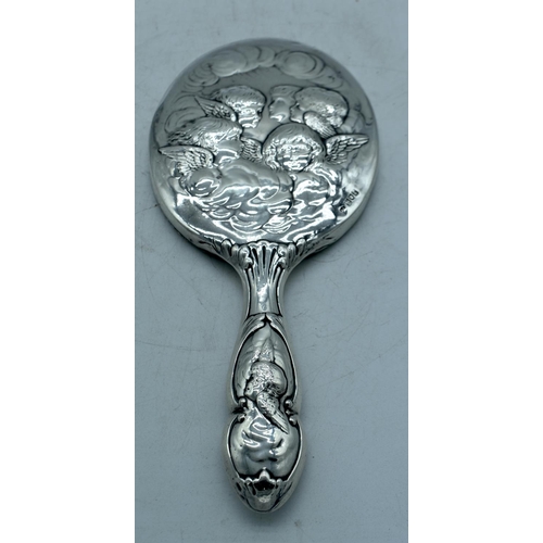 1791 - AN EDWARDIAN SILVER CHERUB HAND MIRROR. 346 grams overall. 29 cm x 13 cm.