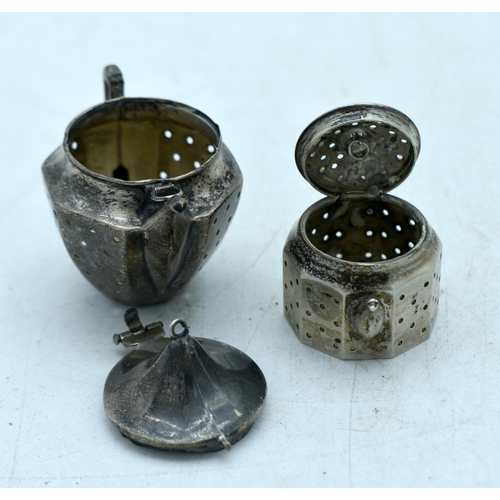 1832 - TWO SILVER TEA INFUSERS.  Stamped Sterling, Largest 5.2 cm x 5.4cm x 3.7cm, total weight 33.9g (2)