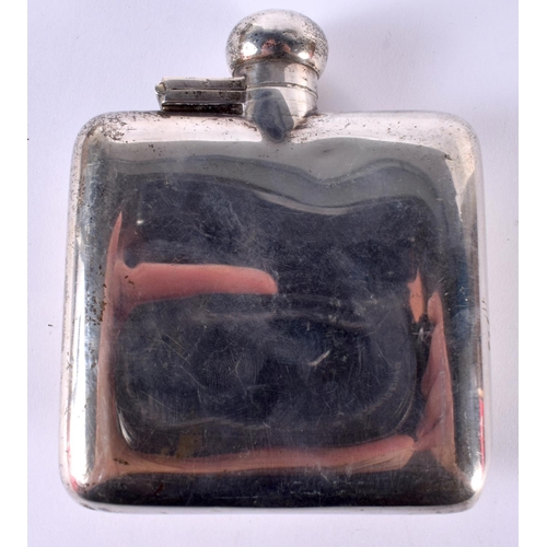 1858 - A SILVER HIP FLASK WITH AN ENAMEL CABOCHON DEPICTING A VINTAGE RACING CAR.  Hallmarked Birmingham 19... 