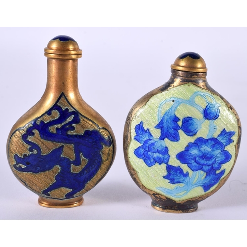 1862 - TWO ENAMEL SNUFF BOTTLES.  Largest 6.5cm x 4.2 cm x 1.7cm, total weight 98g (2)