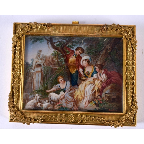 1870 - TWO GILT FRAMED MINIATURE PICTURES OF CLASSICAL SCENES.  10.3cm x 8.3cm