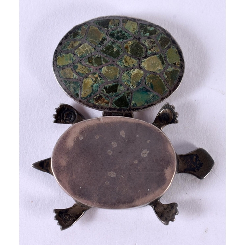 1874 - A WHITE METAL AND MOTTLED ENAMEL BOX IN THE FORM OF A TORTOISE.  4.3cm x 2.9cm x 1cm, weight 12.2g