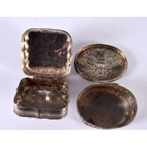 1907 - TWO EMBOSSED CONTINENTAL SILVER PILL BOXES.  Stamped Sterling & 830, Largest 6.3cm x 4.9cm x 2.2 cm,... 