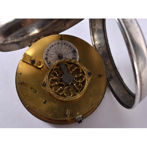 1917 - A SILVER CASED VERGE POCKET WATCH WITH AN ENAMEL OUTER DIAL AND A GILT CENTRE. Indistinct mark, 5.4c... 