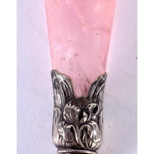 1955 - AN ART NOUVEAU FRENCH SILVER AND ROSE QUARTZ LETTER OPENER. 64 grams. 20cm long.