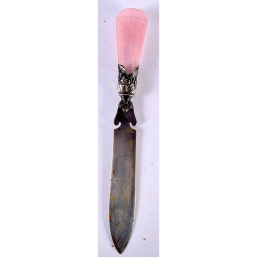 1955 - AN ART NOUVEAU FRENCH SILVER AND ROSE QUARTZ LETTER OPENER. 64 grams. 20cm long.