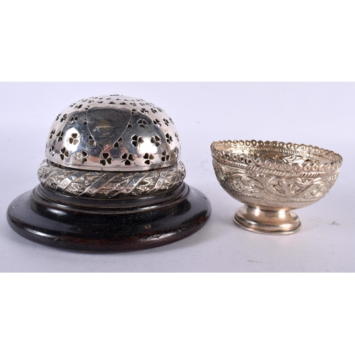 1967 - A LATE VICTORIAN SILVER BELL together with an indian white metal bowl. 929 grams overall. Largest 12... 