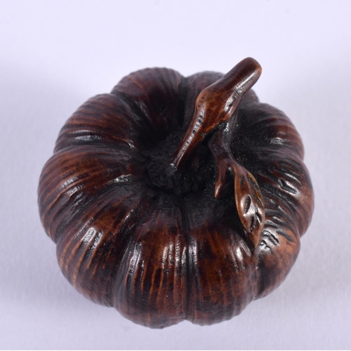 2008 - A 19TH CENTURY JAPANESE CARVED WOOD PUMPKIN NETSUKE of naturalistic form. 3.25 cm x 3.25 cm.