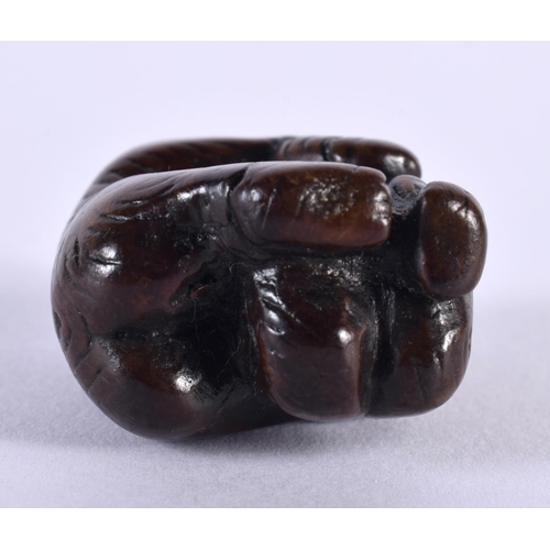 2010 - AN UNUSUAL 18TH CENTURY JAPANESE EDO PERIOD CARVED WOOD NETSUKE modelled as two animals with incised... 