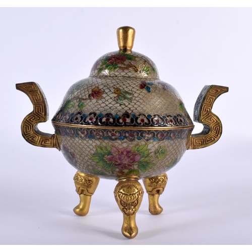 2016 - A LATE 19TH CENTURY CHINESE PLIQUE A JOUR ENAMEL CENSER AND COVER Qing, with gilt repousse buddhisti... 