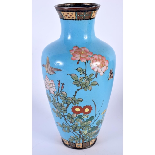 2041 - A 19TH CENTURY JAPANESE MEIJI PERIOD CLOISONNE ENAMEL VASE decorated with birds upon a blue ground. ... 